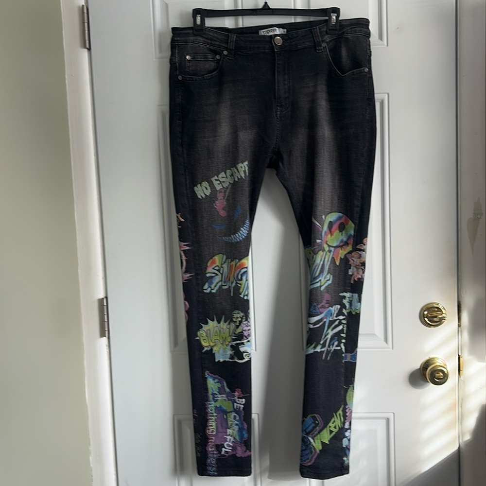Men’s Sugarhill Trippy Black Graphic Jeans, Size 40